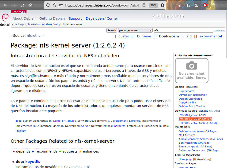 Página de descarga del servidor NFS