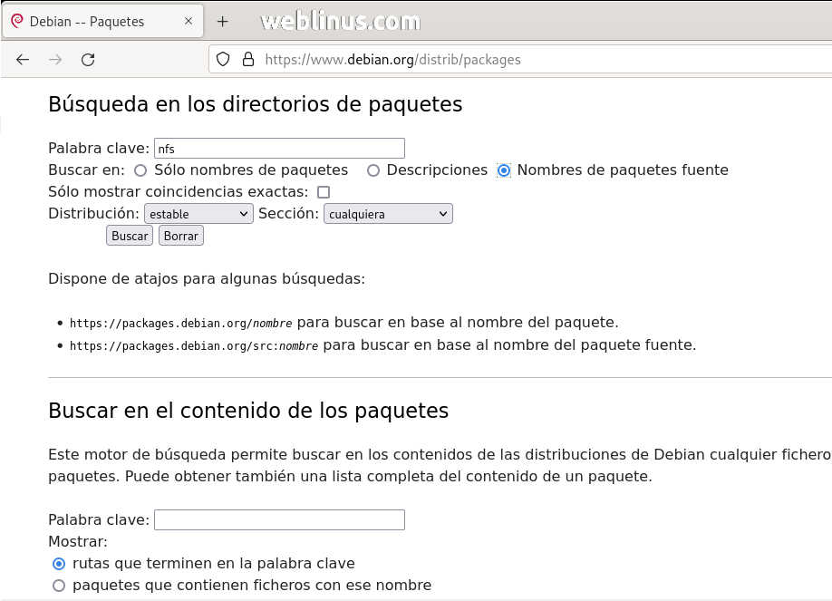 Página de descarga de paquetes de Debian