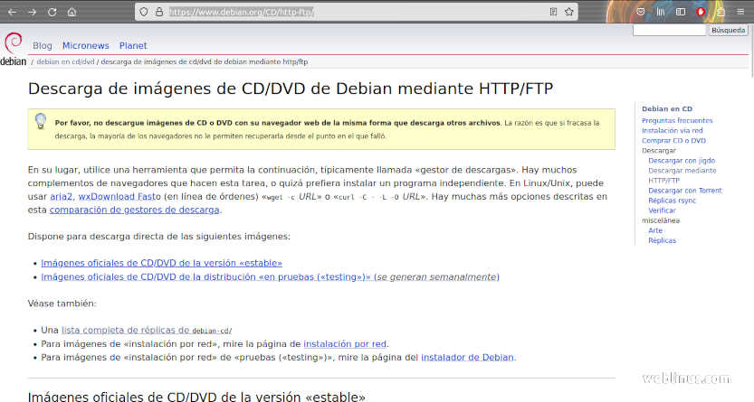 Página de descargas de Debian 12 "bookworm"