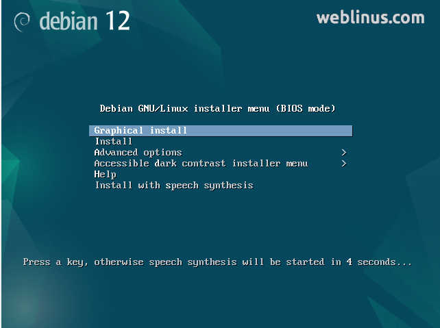 Menú de inicio de instalación de Debian 12 "bookworm"